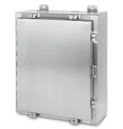 nema 4x stainless steel electrical enclosure box cabinet housing Fabricated in accordance with UL specifications from 14 or 12 gauge Type 304 stainless steel standard, Type 316 stainless steel optional. All seams continuously welded and ground smooth. Rolled lip around three sides of door and all sides of door opening for watertight seal. Neoprene gasket attached to door with oil resistant adhesive. Clamps on three sides of door for watertight seal. Stainless steel external hardware. Hasp and staple provided for padlocking. External mounting feet. Standard plastic self-adhesive print pocket. Standard collar studs for mounting optional panel